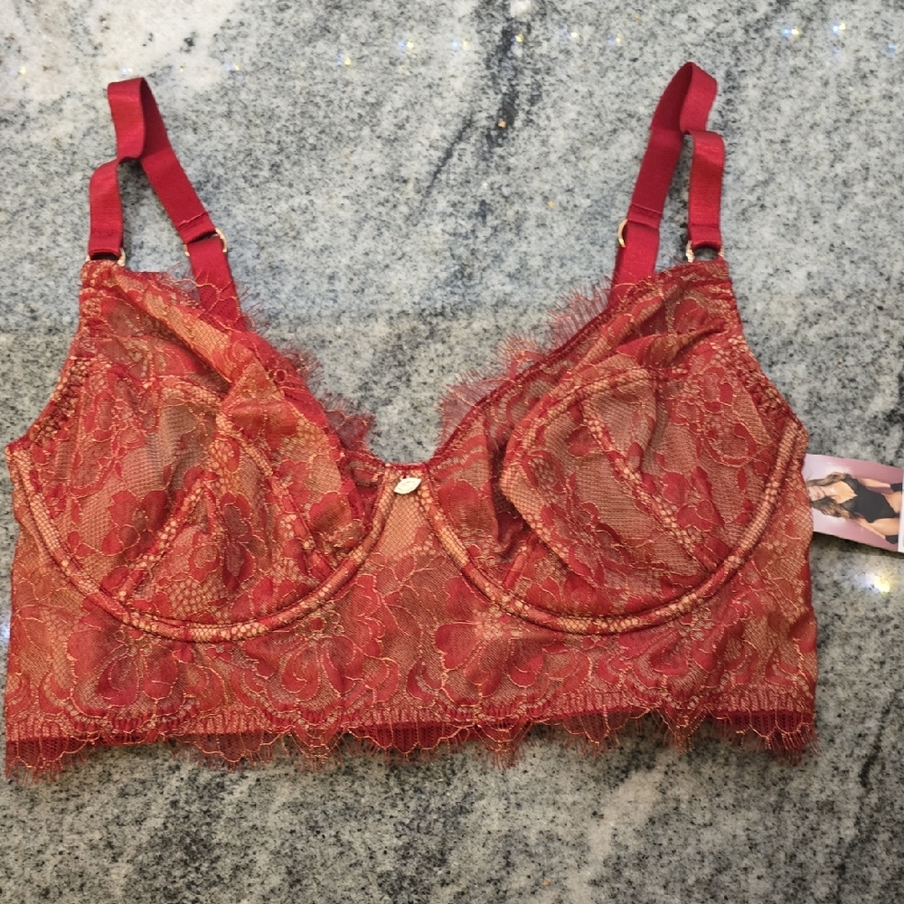Sofia Intimates By Sofia Vergara Red And  Gold Eyelash Bustier 36 DD